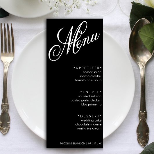 Zwart & Wit Elegant Script Huwelijksreceptie Menu