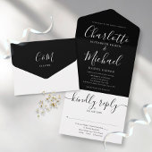 Zwart-wit Elegant Script Minimalist Weddenschap All In One Uitnodiging