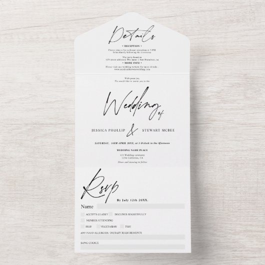 Zwart wit elegant script moderne bruiloft all in one uitnodiging (Binnen)