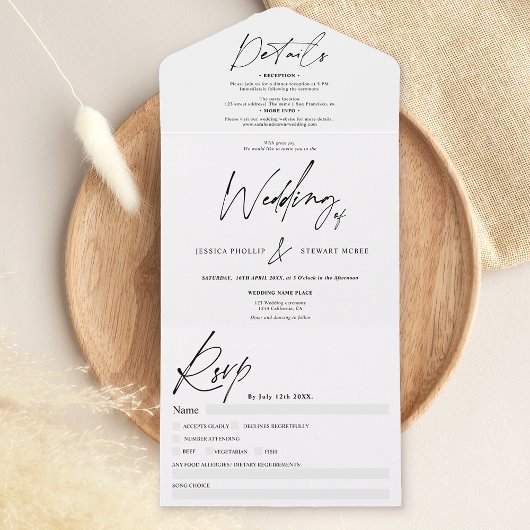 Zwart wit elegant script moderne bruiloft all in one uitnodiging