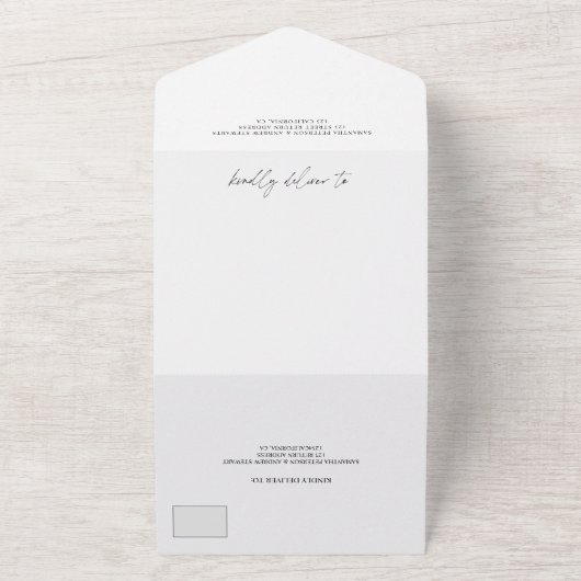 Zwart wit elegant script moderne fotobruiloft all in one uitnodiging (Buitenkant)