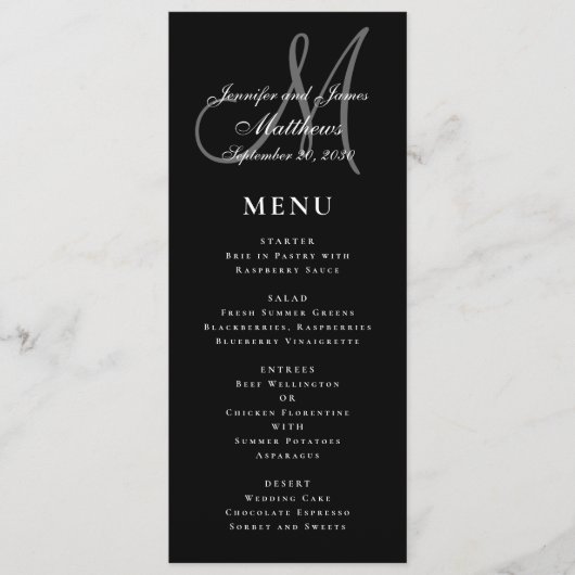 Zwart Wit Elegant Script Monogram Bruiloft Menu (Voorkant)