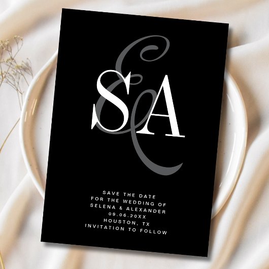 Zwart Wit Elegant Script Monogram Huwelijk Save The Date