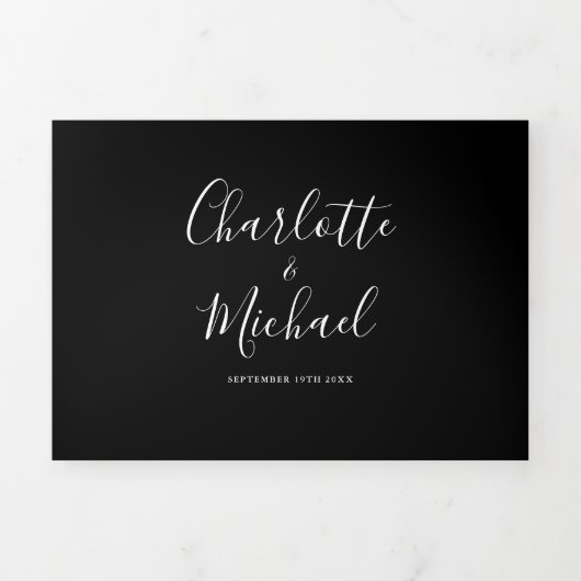 Zwart-wit Elegant Script Photo Weddenschap Drieluik Uitnodiging (Cover)