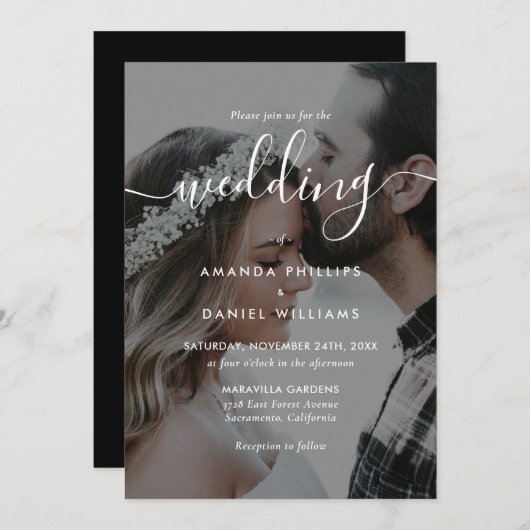 Zwart-wit Elegant Script Photo Wedding Kaart (Voorkant / Achterkant)