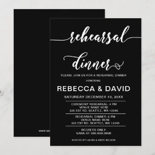 Zwart-wit Elegant Script Rehearsal Dinner Kaart