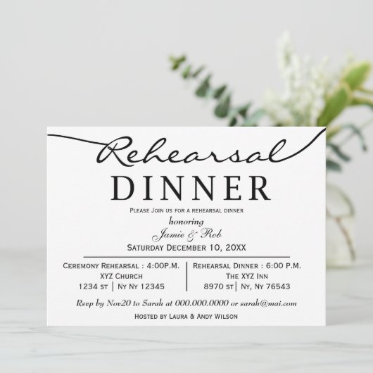 zwart-wit Elegant Script Rehearsal Dinner nodigt u Kaart (Staand voorkant)