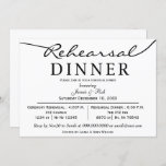 zwart-wit Elegant Script Rehearsal Dinner nodigt u Kaart<br><div class="desc">Ik wilde iets simpels en modern creëer voor een repetitief diner dat in alle details op 1 kaart past,  dus bedacht ik deze zwarte en witte Elegant-ritsrepetitie voor het avondeten Dinner Text Invitations</div>