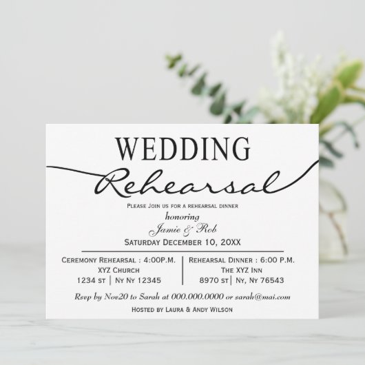zwart-wit Elegant Script Rehearsal Dinner nodigt u Kaart (Staand voorkant)