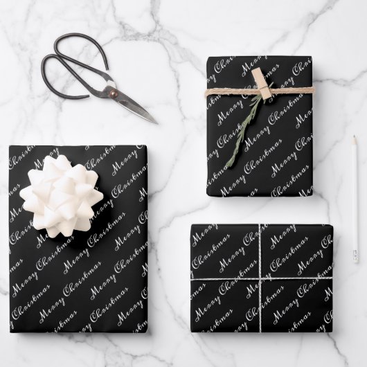 Zwart-wit elegant script vrolijk kerstfeest inpakpapier vel (Voorkant)