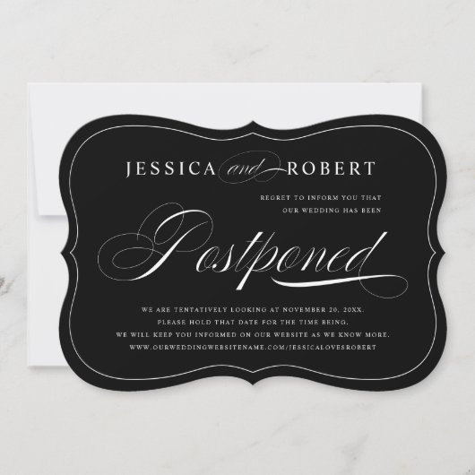 Zwart-wit Elegant Script Weddenschap uitgesteld Save The Date (Voorkant)