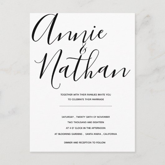 Zwart-wit Elegant Script Wedding Briefkaart (Voorkant)
