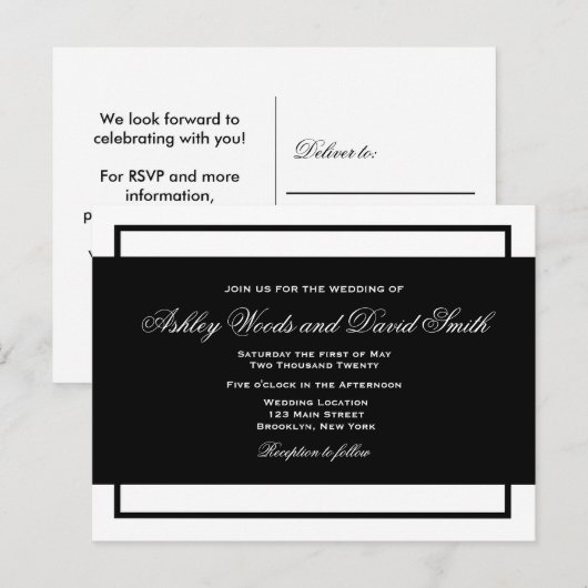Zwart-wit Elegant Script Wedding Briefkaart (Voorkant / Achterkant)