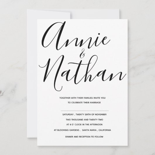 Zwart-wit Elegant Script Wedding Kaart (Voorkant)