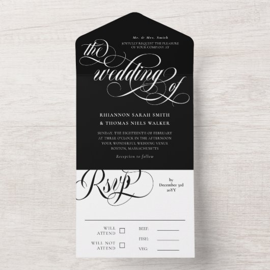 Zwart Wit Elegant Swirls Wedding All In One Uitnodiging (Binnen)