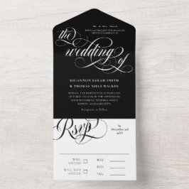 Zwart Wit Elegant Swirls Wedding All In One Uitnodiging