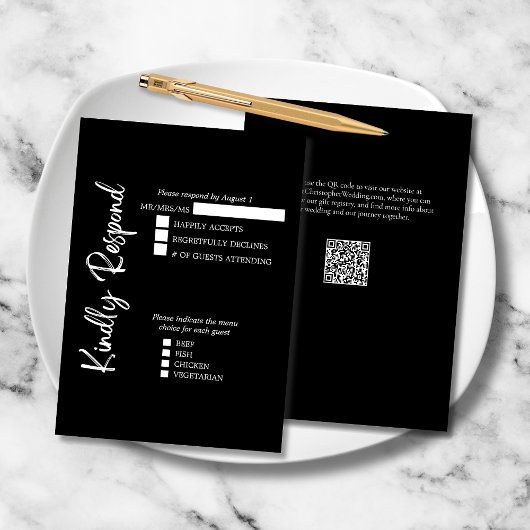 Zwart Wit Elegant Vet Script Trouwen Formeel RSVP Kaartje