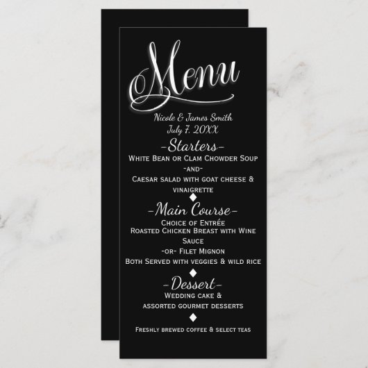 Zwart & Wit Elegant Wedding Menu Kaart (Voorkant / Achterkant)