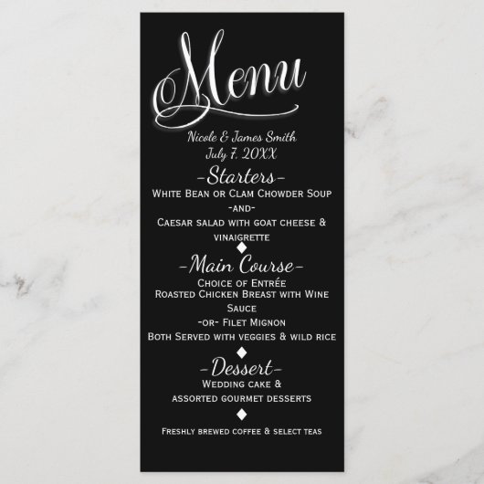 Zwart & Wit Elegant Wedding Menu Kaart (Voorkant)