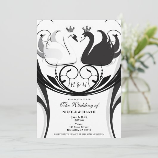 Zwart-wit Elegant Zwaan Prinses bruiloft Kaart (Staand voorkant)