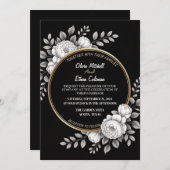 Zwart & Wit Elegante Bloem Uitnodiging (Voorkant / Achterkant)