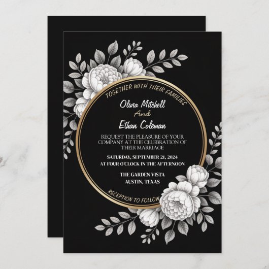 Zwart & Wit Elegante Bloem Uitnodiging (Voorkant / Achterkant)