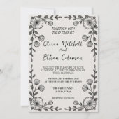 Zwart & Wit Elegante Bloem Uitnodiging (Voorkant)