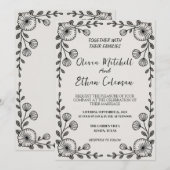 Zwart & Wit Elegante Bloem Uitnodiging (Voorkant / Achterkant)
