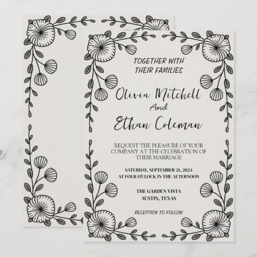 Zwart & Wit Elegante Bloem Uitnodiging (Voorkant / Achterkant)