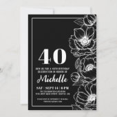 Zwart Wit Elegante Bloemen 40ste Verjaardag Kaart (Voorkant)