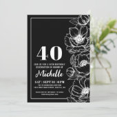 Zwart Wit Elegante Bloemen 40ste Verjaardag Kaart (Staand voorkant)