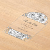 Zwart Wit Elegante Bloemen Bewaar de Datum Acryl Uitnodigingen (Laagn)