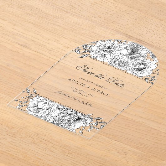 Zwart Wit Elegante Bloemen Bewaar de Datum Acryl Uitnodigingen (Laagn)