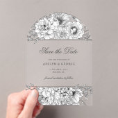 Zwart Wit Elegante Bloemen Bewaar de Datum Acryl Uitnodigingen (Insitu (Draagbaar))