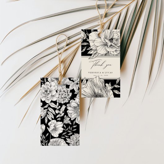 Zwart Wit Elegante Bloemen Huwelijk Dank u Cadeaulabel