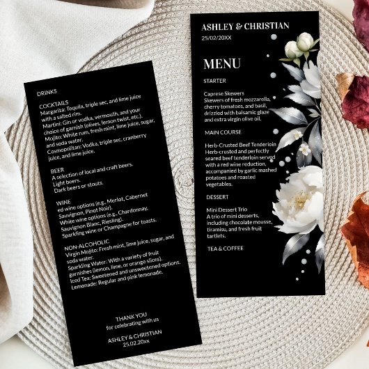 Zwart-wit elegante boho bruiloft sjabloon menu