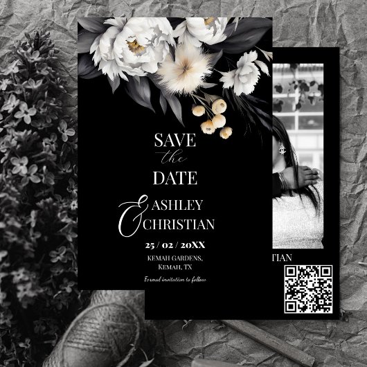 Zwart-wit elegante boho fotosjabloon save the date