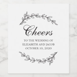 Zwart-wit elegante botanische loof bruiloft wijn etiket