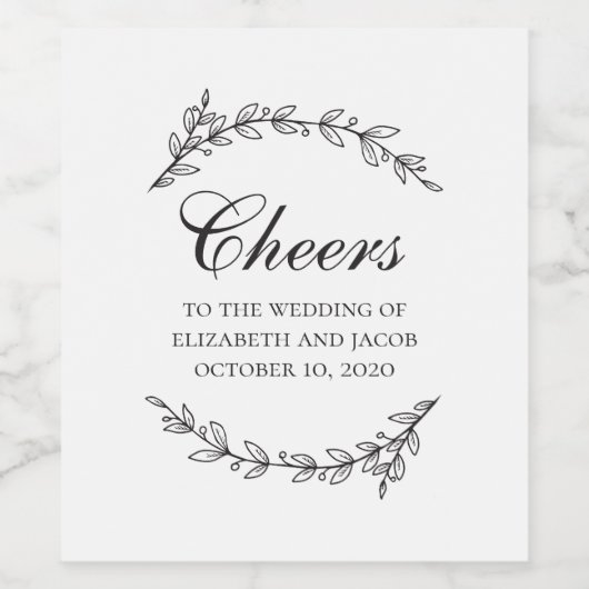 Zwart-wit elegante botanische loof bruiloft wijn etiket (Enkel label)