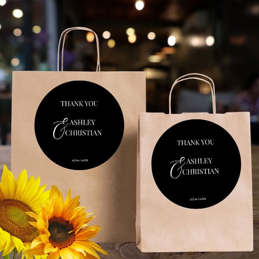 Zwart-wit elegante bruiloft dank u gunst ronde sticker