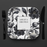 Zwart-wit  elegante bruiloft sjabloon papieren bordje<br><div class="desc">Zwart-wit  borden alles in één bruiloft servies gepersonaliseerde sjabloon bloemen,  elegante zwarte  botanische patroon bruiloft borden</div>