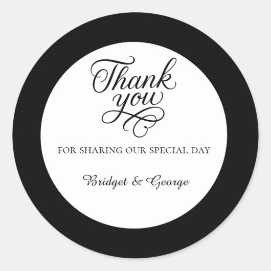 Zwart & Wit Elegante Charmante Dank u script Ronde Sticker (Voorkant)