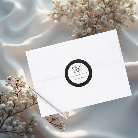 Zwart & Wit Elegante Charmante Dank u script Ronde Sticker