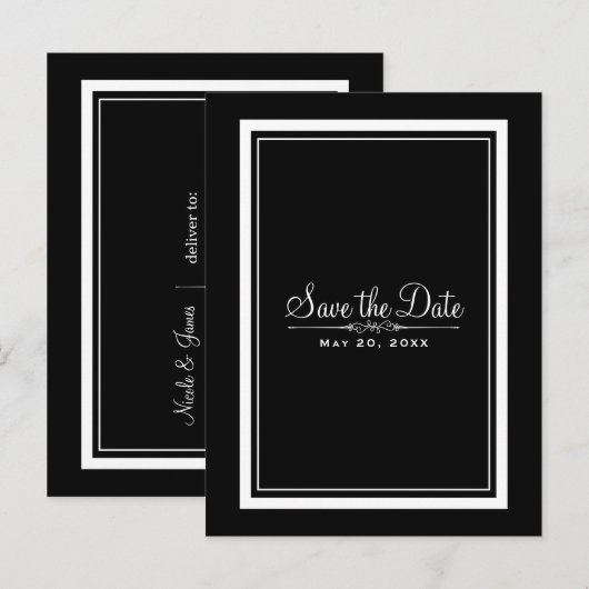Zwart & Wit Elegante Chic Trouw Save the Date Aankondigingskaart (Voorkant / Achterkant)