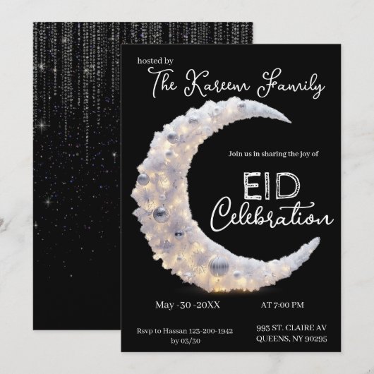 Zwart-wit elegante Crescent Eid-feest uitnodiging (Voorkant / Achterkant)