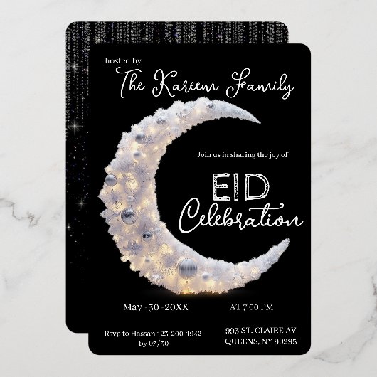 Zwart-wit elegante Crescent Eid-feest uitnodiging (Voorkant / Achterkant)