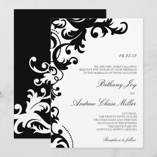 Zwart-wit Elegante Damaskbruiloft Uitnodiging (Voorkant / Achterkant)