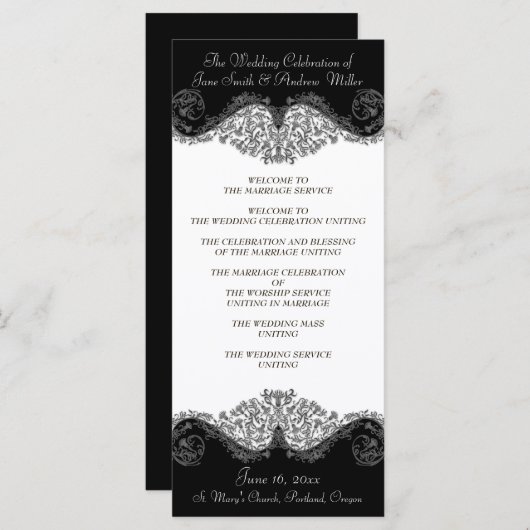 Zwart-wit elegante damast Trouwprogramma's Programmakaart (Voorkant / Achterkant)