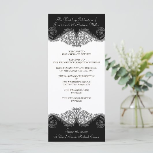 Zwart-wit elegante damast Trouwprogramma's Programmakaart (Staand voorkant)