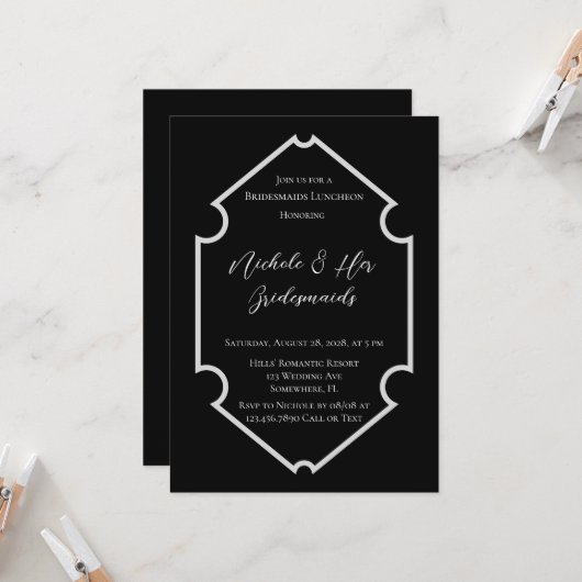 Zwart & Wit Elegante Eenvoudige Bruidsmeisjes Lunc Kaart (Voorkant / Achterkant in situ)